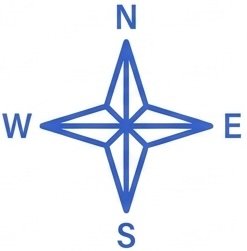 A blue four-pointed compass rose with the cardinal directions labeled N (north), E (east), S (south), and W (west) at each tip, on a white background. {{brizy_dc_image_alt imageSrc=