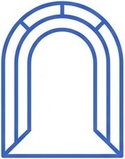 A simple blue outline of an arched doorway with geometric details at the top and angled base corners, resembling a tunnel entrance or passageway. {{brizy_dc_image_alt imageSrc=