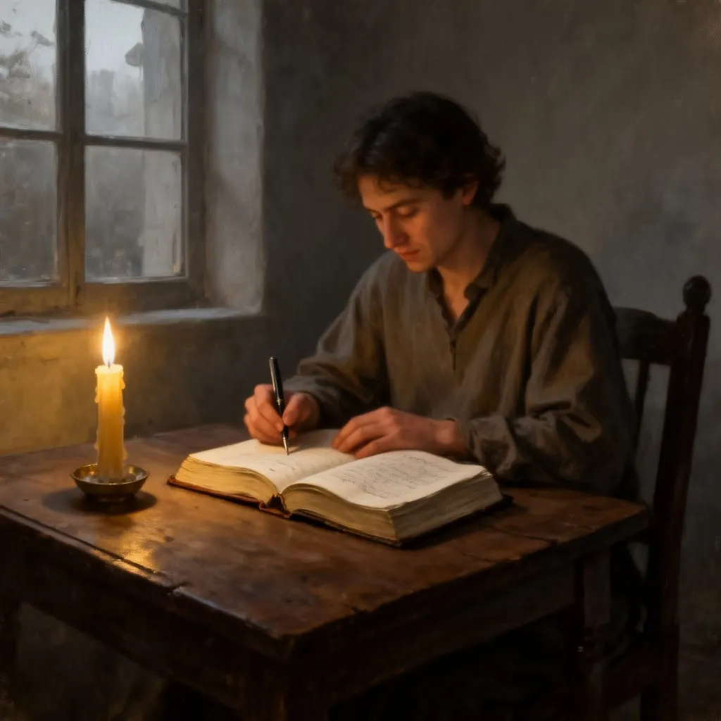 A young man sits at a wooden table by a window, writing in a large open book by candlelight. The room is dimly lit, creating a warm, contemplative atmosphere. {{brizy_dc_image_alt imageSrc=