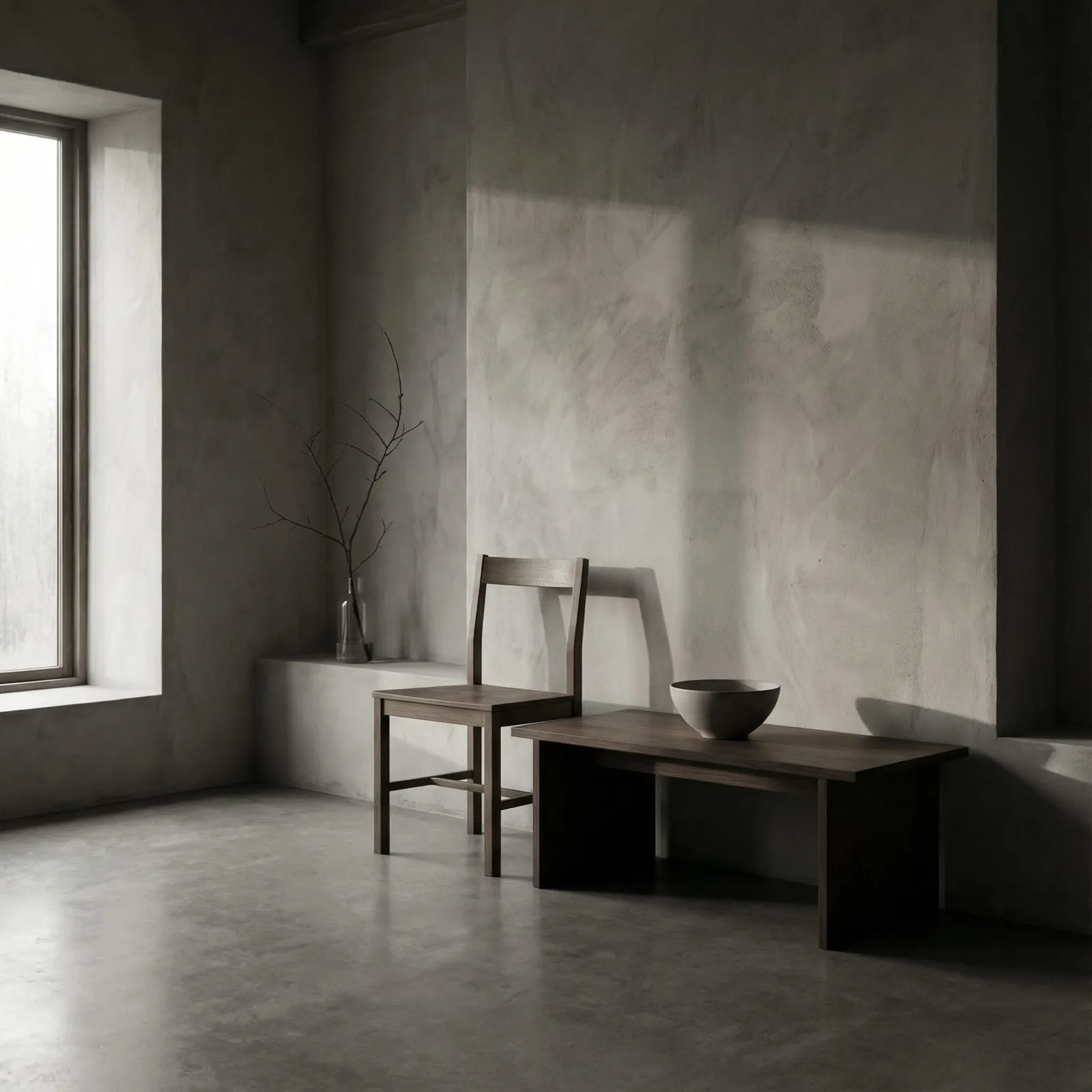 Minimalist room with concrete floors, a large window, and soft natural light. A wooden chair and bench sit against a textured wall, with a simple vase holding bare branches and a bowl on the bench. {{brizy_dc_image_alt imageSrc=