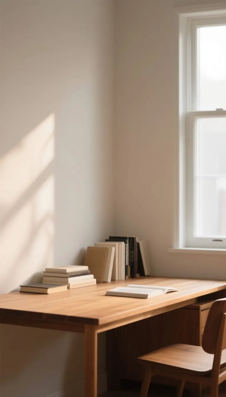 A wooden desk with stacked books and an open notebook sits by a sunlit window, with a wooden chair tucked under the desk in a minimalist, bright room. {{brizy_dc_image_alt imageSrc=