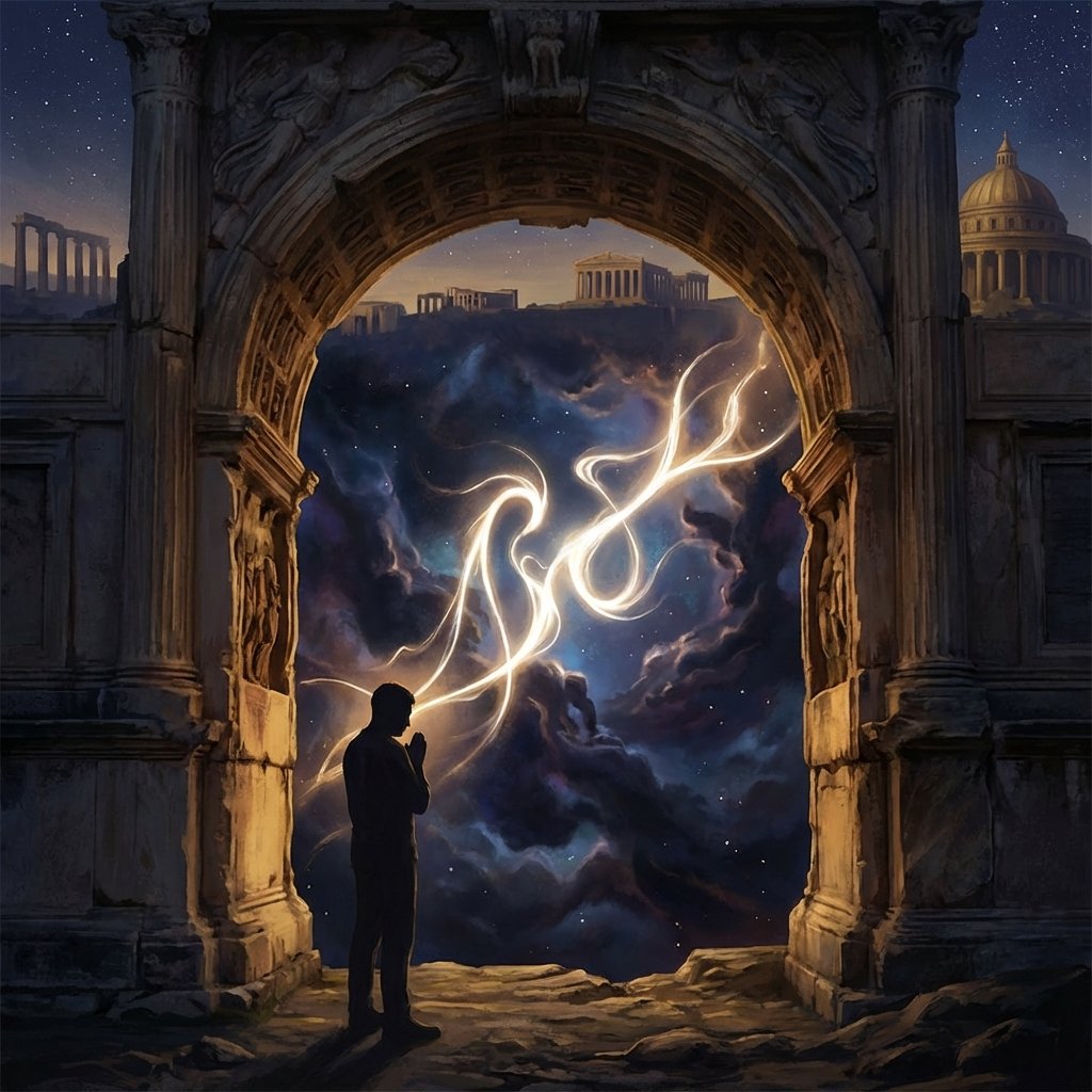 A person stands under an ancient stone archway, gazing at a swirling cosmic sky beyond, illuminated by glowing golden light trails. Classical structures and domes are visible in the background. {{brizy_dc_image_alt imageSrc=
