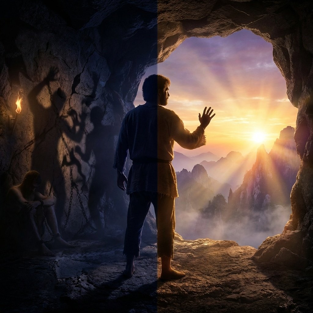 A person stands at the entrance of a cave, half in shadow with chained figures and torchlight, half in sunlight overlooking mountains and a bright sunrise, symbolizing the transition from darkness to enlightenment. {{brizy_dc_image_alt imageSrc=