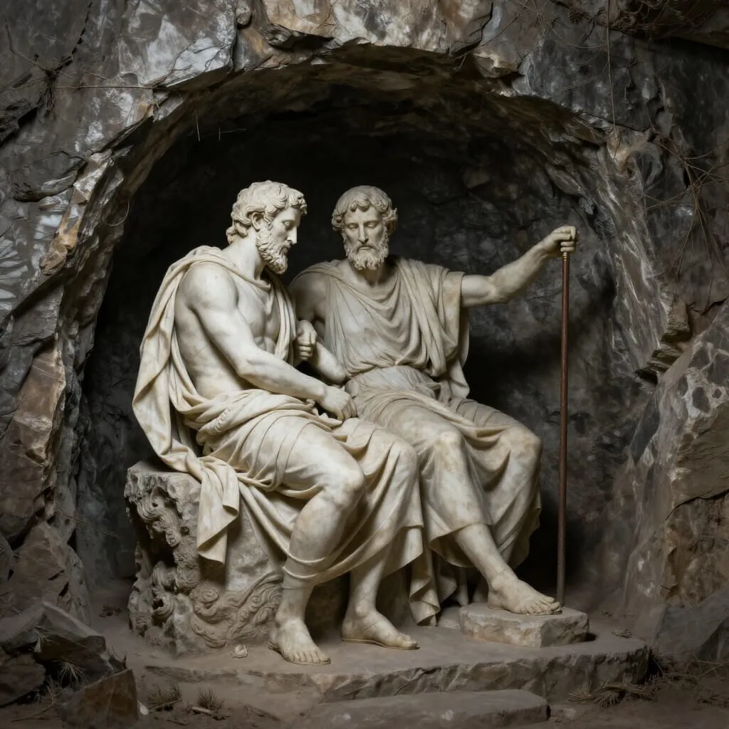 Two marble statues of seated men with beards and draped clothing sit side by side inside a rocky cave. One man holds a staff, and they appear to be in deep conversation or contemplation. {{brizy_dc_image_alt imageSrc=