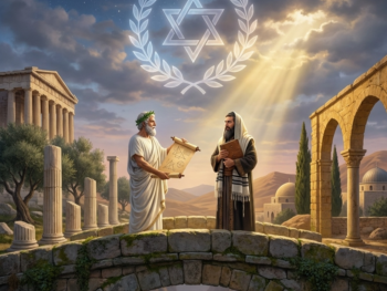 Two men, one in ancient Greek attire and one in traditional Jewish robes, stand on a stone bridge with scrolls in hand. Classical and Middle Eastern architecture surrounds them. A glowing Star of David floats above. {{brizy_dc_image_alt entityId=