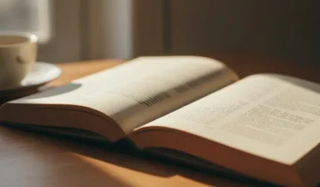 A book lies open on a wooden table, illuminated by soft sunlight from a nearby window. A cup sits in the background, creating a calm and cozy reading atmosphere. {{brizy_dc_image_alt imageSrc=