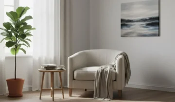 A cozy corner with a white armchair draped with a gray blanket, a round wooden side table holding tea cups, a potted plant by the window, and a landscape painting on the wall. Natural light fills the room. {{brizy_dc_image_alt imageSrc=