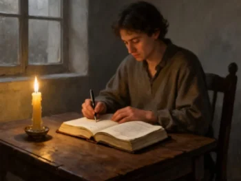 A young man sits at a wooden table by a window, writing in a large open book by candlelight. The room is dimly lit, creating a warm, contemplative atmosphere. {{brizy_dc_image_alt entityId=