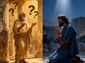 A split image: on the left, an elderly man in ancient robes stands in marble ruins with question marks above him; on the right, a younger man kneels and prays under a beam of light at night near stone walls. {{brizy_dc_image_alt entityId=