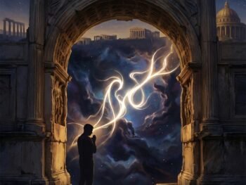 A person stands under an ancient stone archway, gazing at a swirling cosmic sky beyond, illuminated by glowing golden light trails. Classical structures and domes are visible in the background. {{brizy_dc_image_alt entityId=