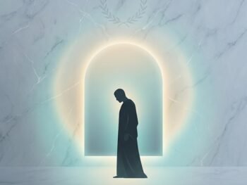 A silhouette of a person in a robe stands with head bowed before a glowing arched doorway, set against a marble-patterned background with a laurel wreath above the arch. Light radiates softly from the entrance. {{brizy_dc_image_alt entityId=