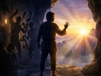 A person stands at the entrance of a cave, half in shadow with chained figures and torchlight, half in sunlight overlooking mountains and a bright sunrise, symbolizing the transition from darkness to enlightenment. {{brizy_dc_image_alt entityId=