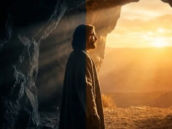 A person stands at the entrance of a cave, with sunlight illuminating the outside and the inside remaining dark, symbolizing a transition from darkness to light. {{brizy_dc_image_alt entityId=